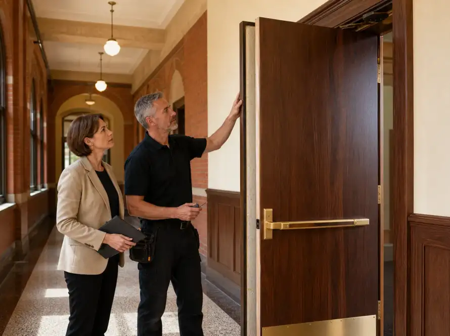 Fire-rated wood door in a heritage school corridor