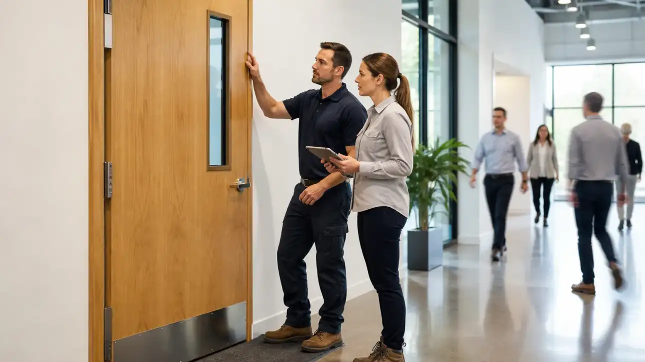 Commercial flush wood doors in a high-traffic interior corridor