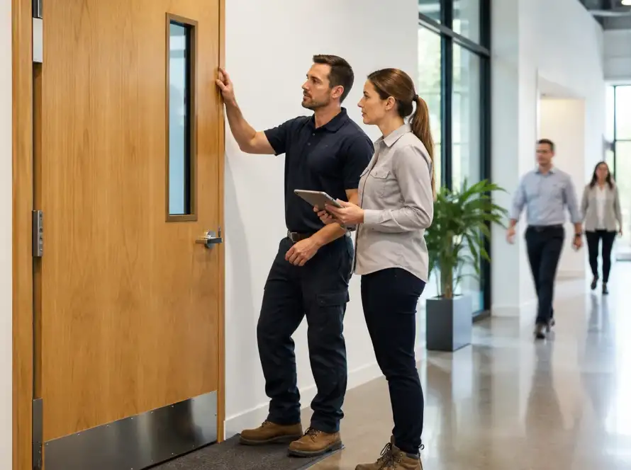 Commercial flush wood doors in a high-traffic interior corridor
